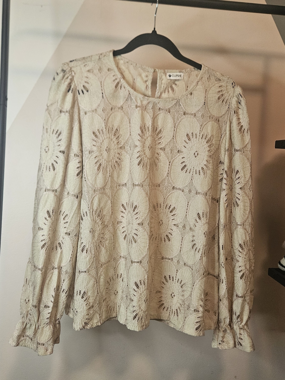 Cupshe Tan Floral Lace Long-Sleeve Blouse